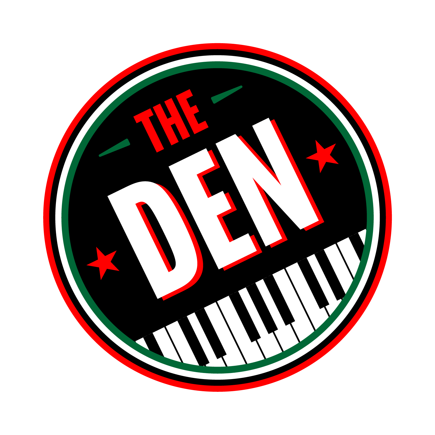 The Den music venue logo featuring piano keys