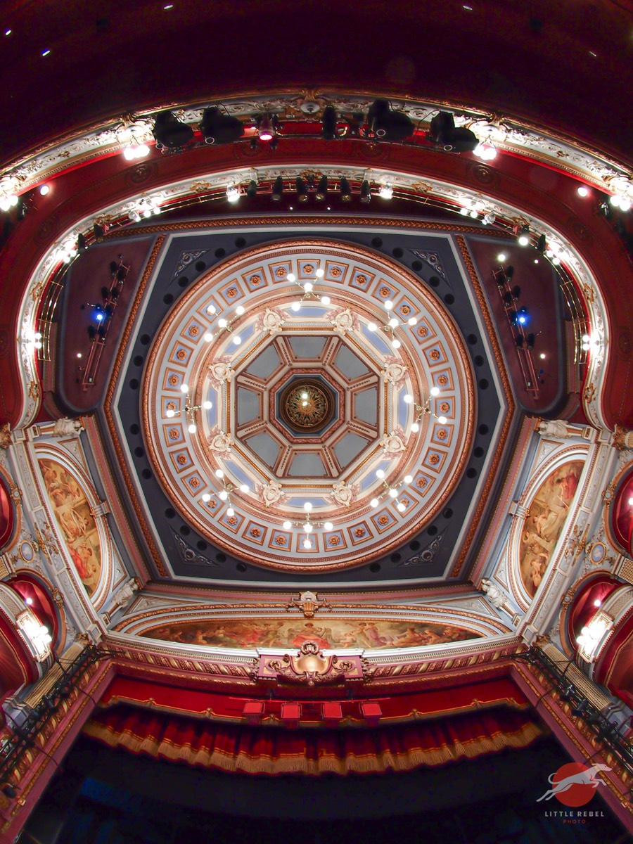 Ornate painted ceiling inside the Alhambra Theatre in Bradford