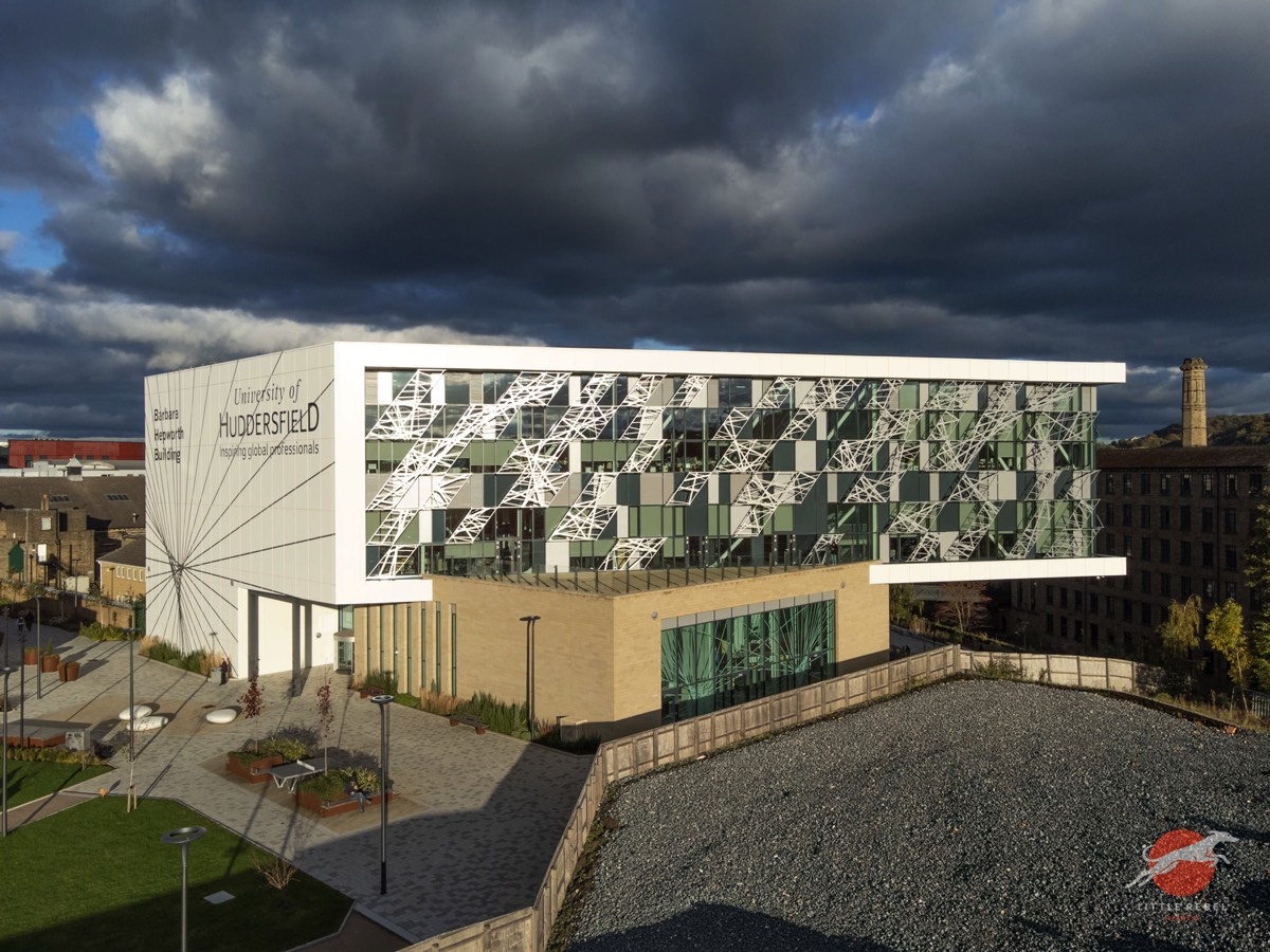 Barbara Hepworth Building at the University of Huddersfield beneath dramatic clouds