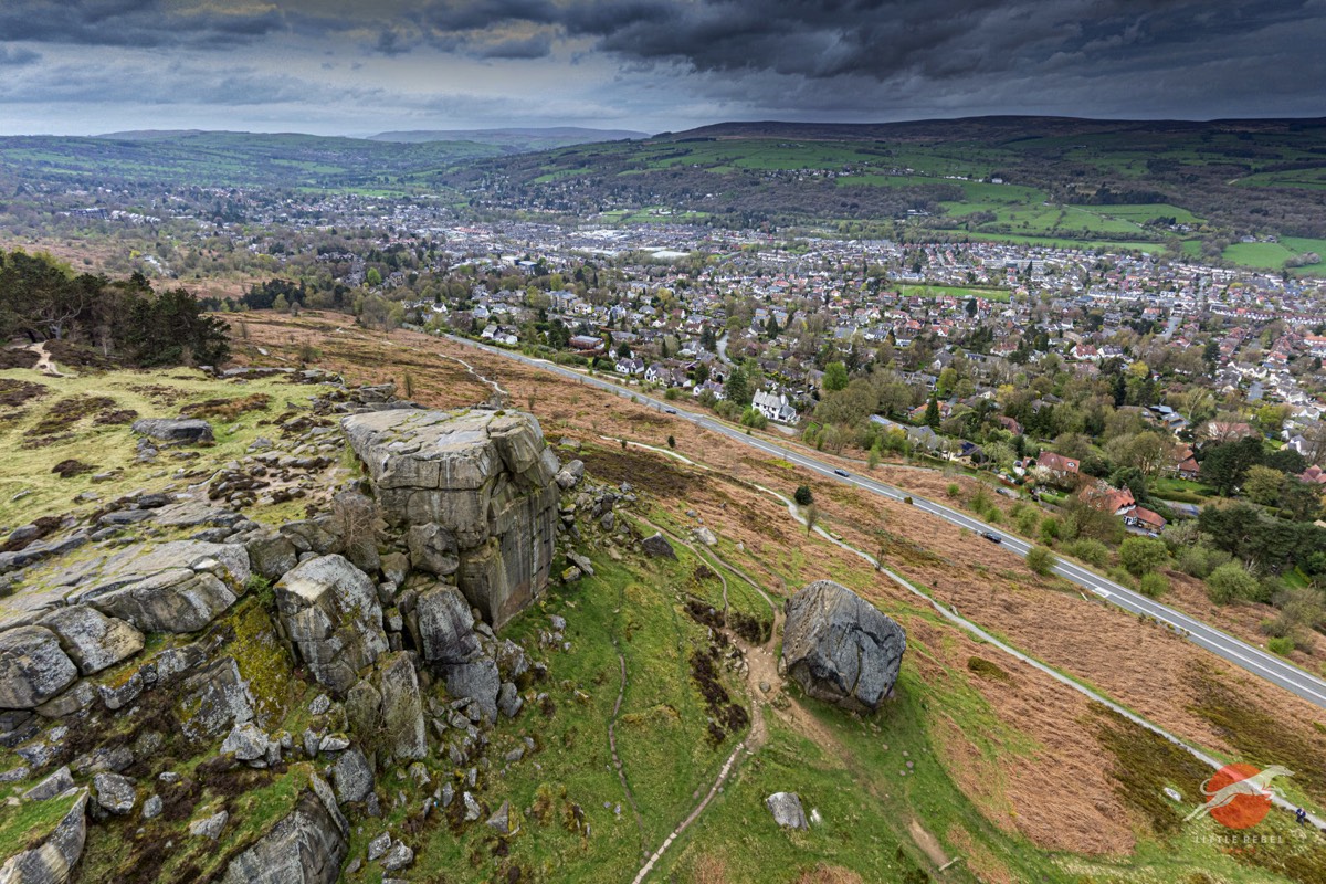 Aerial view of the Cow and Calf rocks overlooking Ilkley and Wharfedale